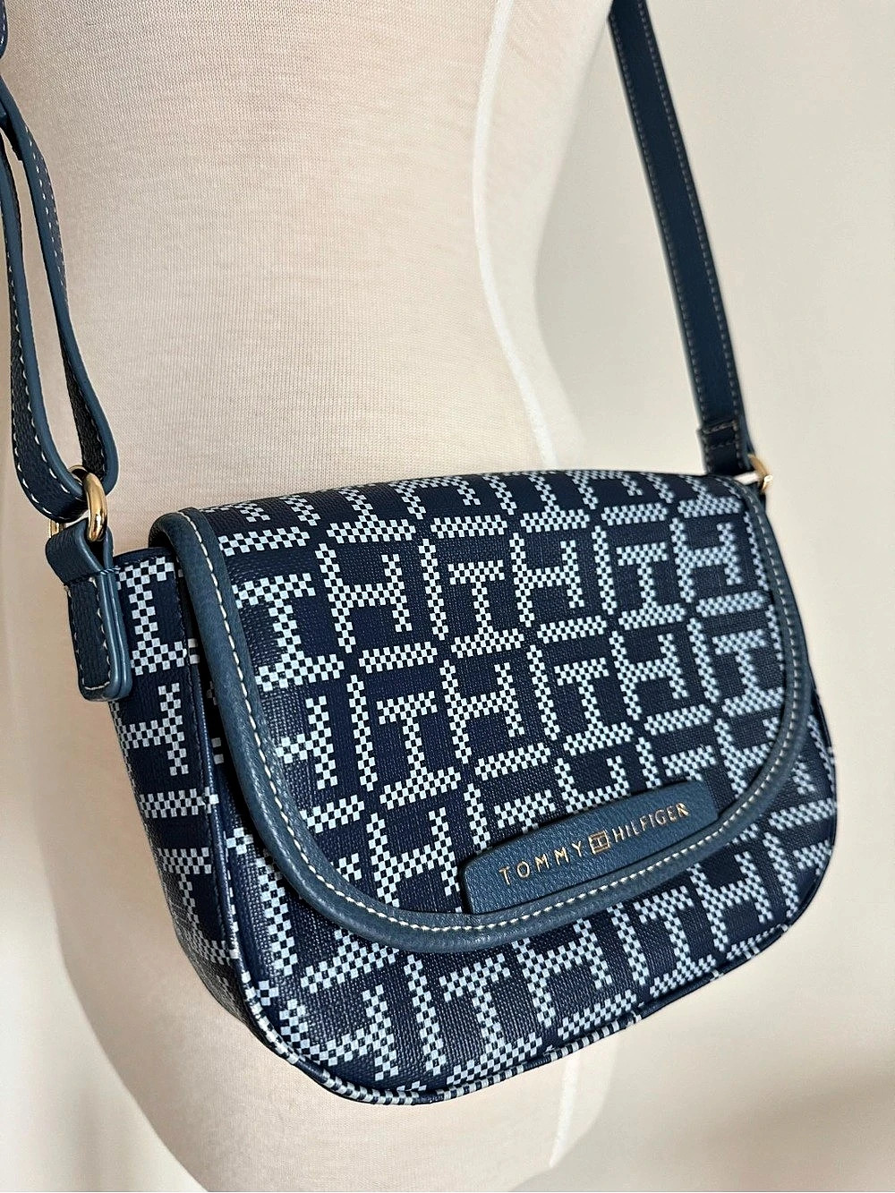 Tommy Hilfiger Allover Monogram Saddle Bag Blue & White
